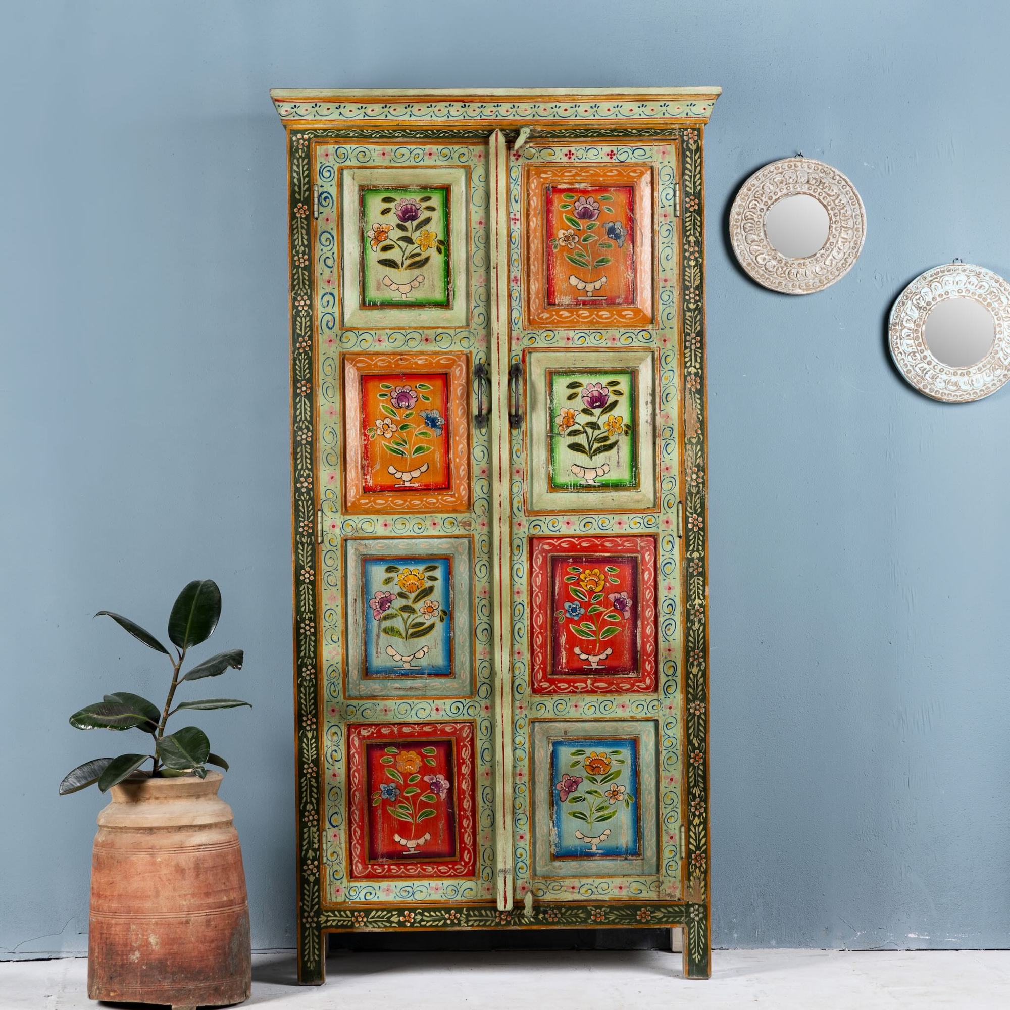Sangrur - Handbeschilderde Teakhouten Kast 180cm