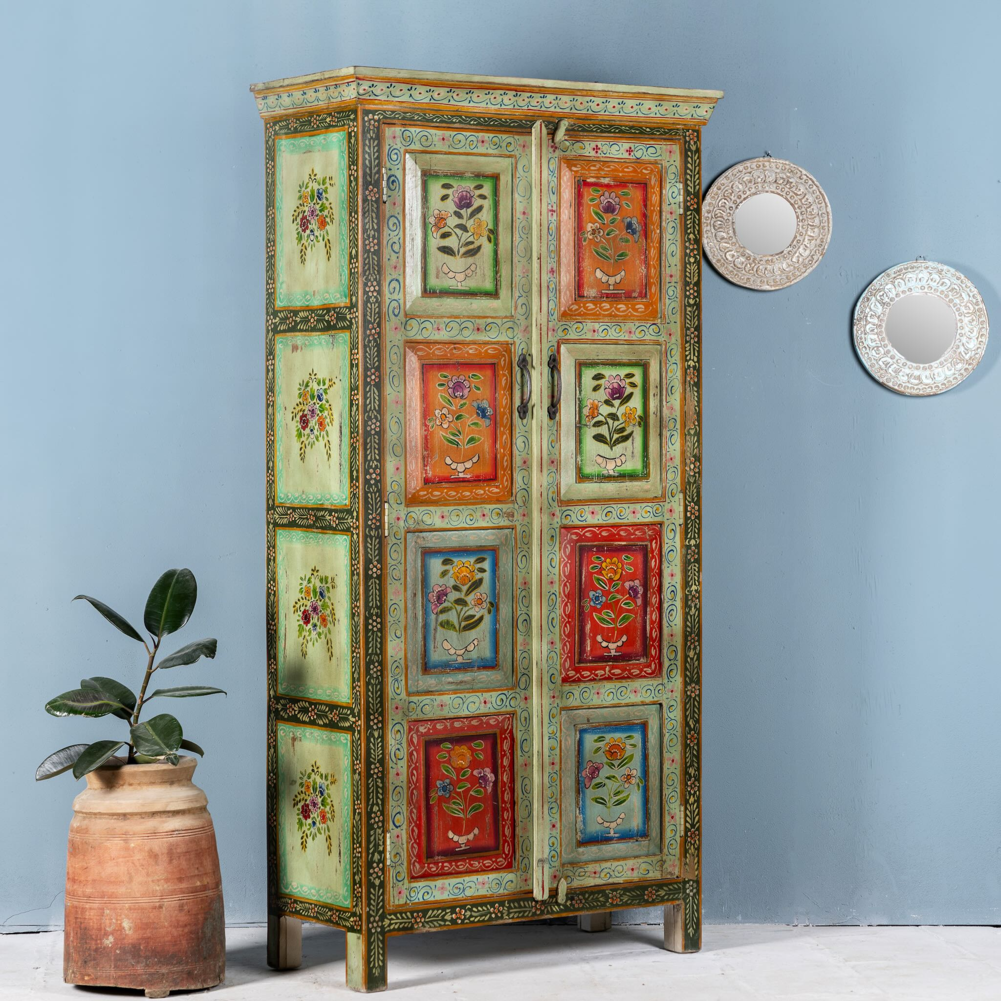 Sangrur - Handbeschilderde Teakhouten Kast 180cm