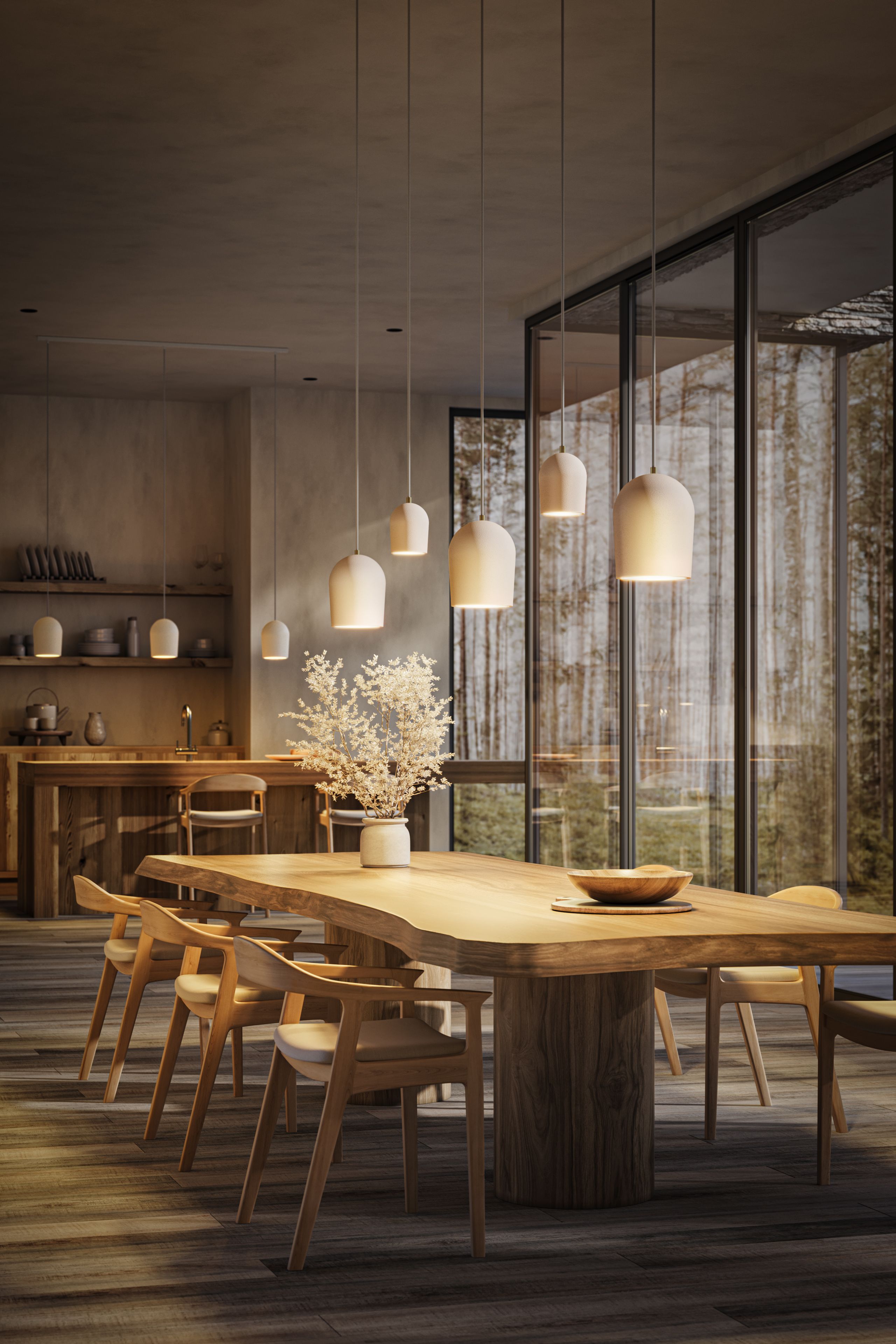 Eetkamersetting met witte lampen van More