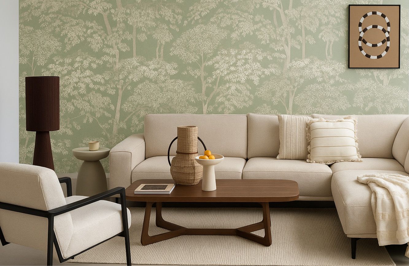 Woonkamer beige met groene bomen behang