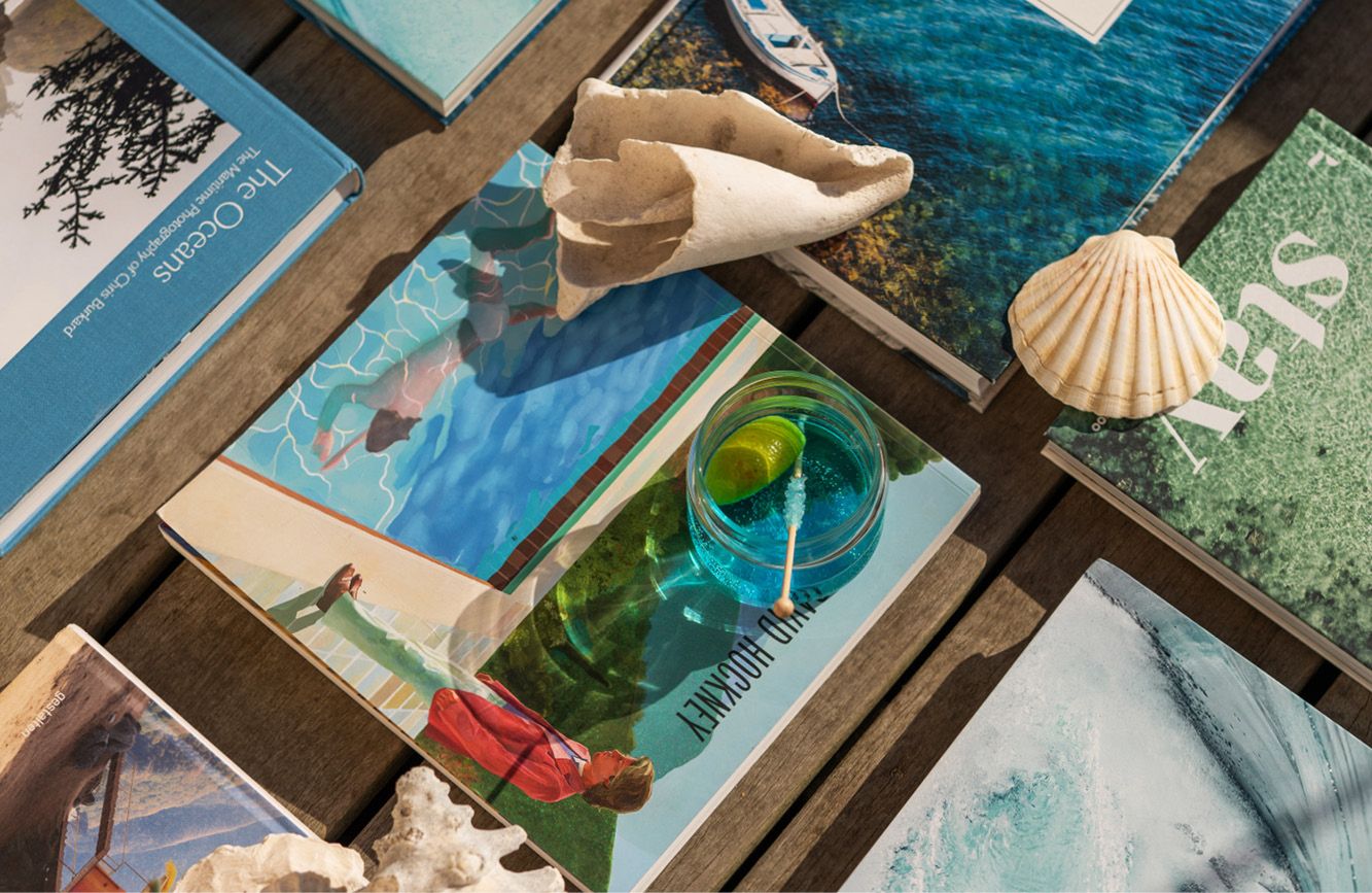 Koffietafelboeken in aqua tinten met schelpen