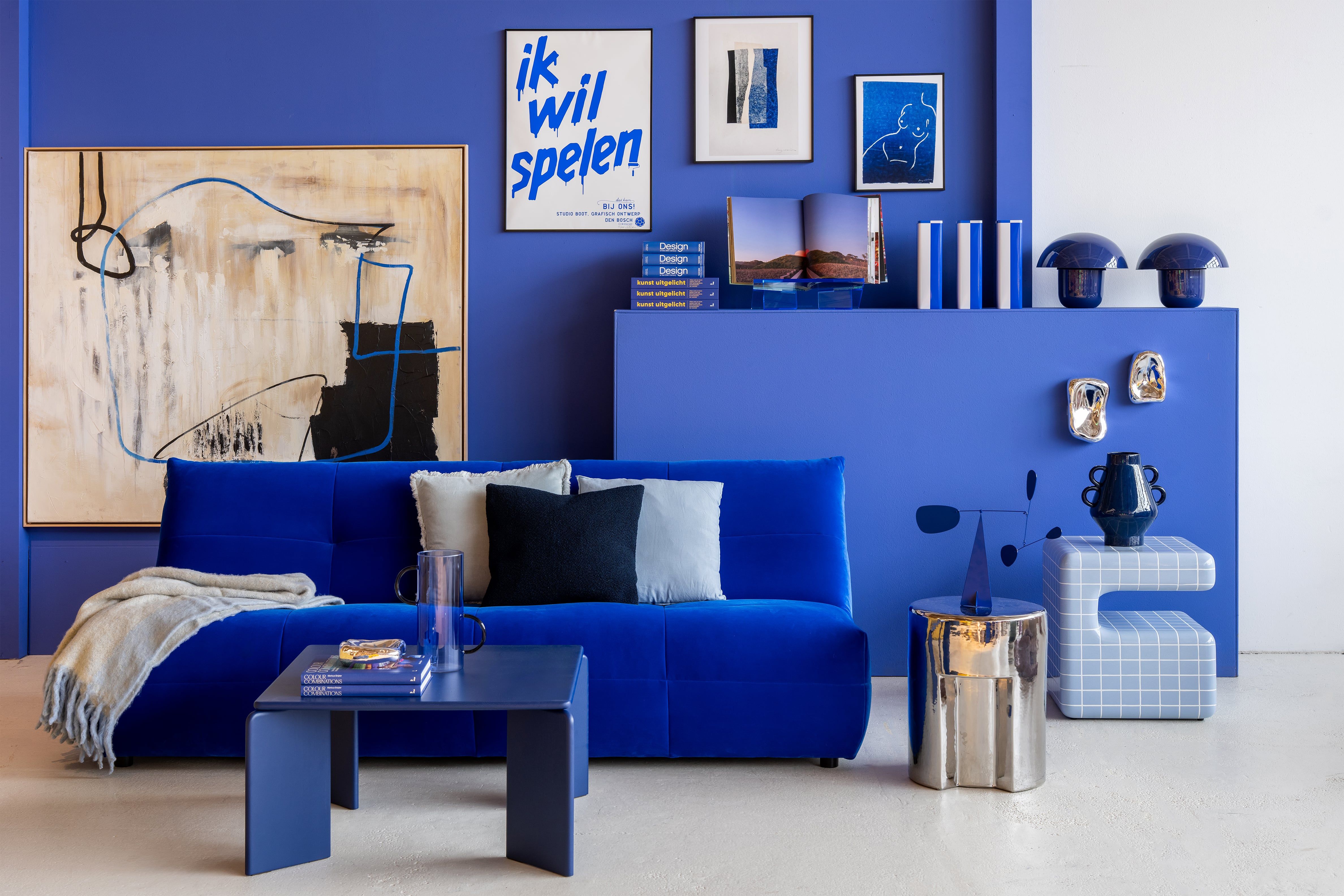 Woonkamer in blauw tinten