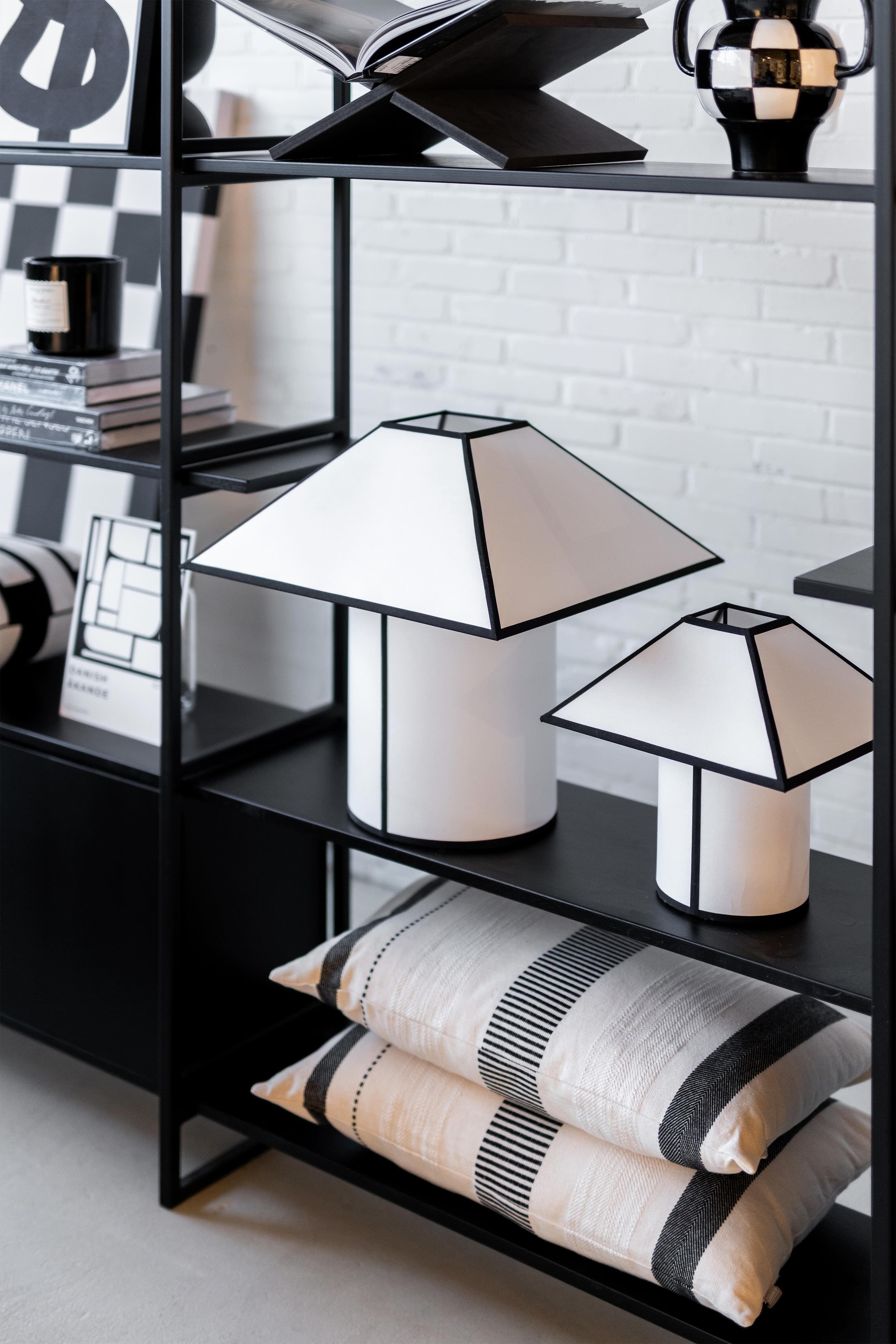 Zwarte stellingkast met zwart witte lampjes en accessoires