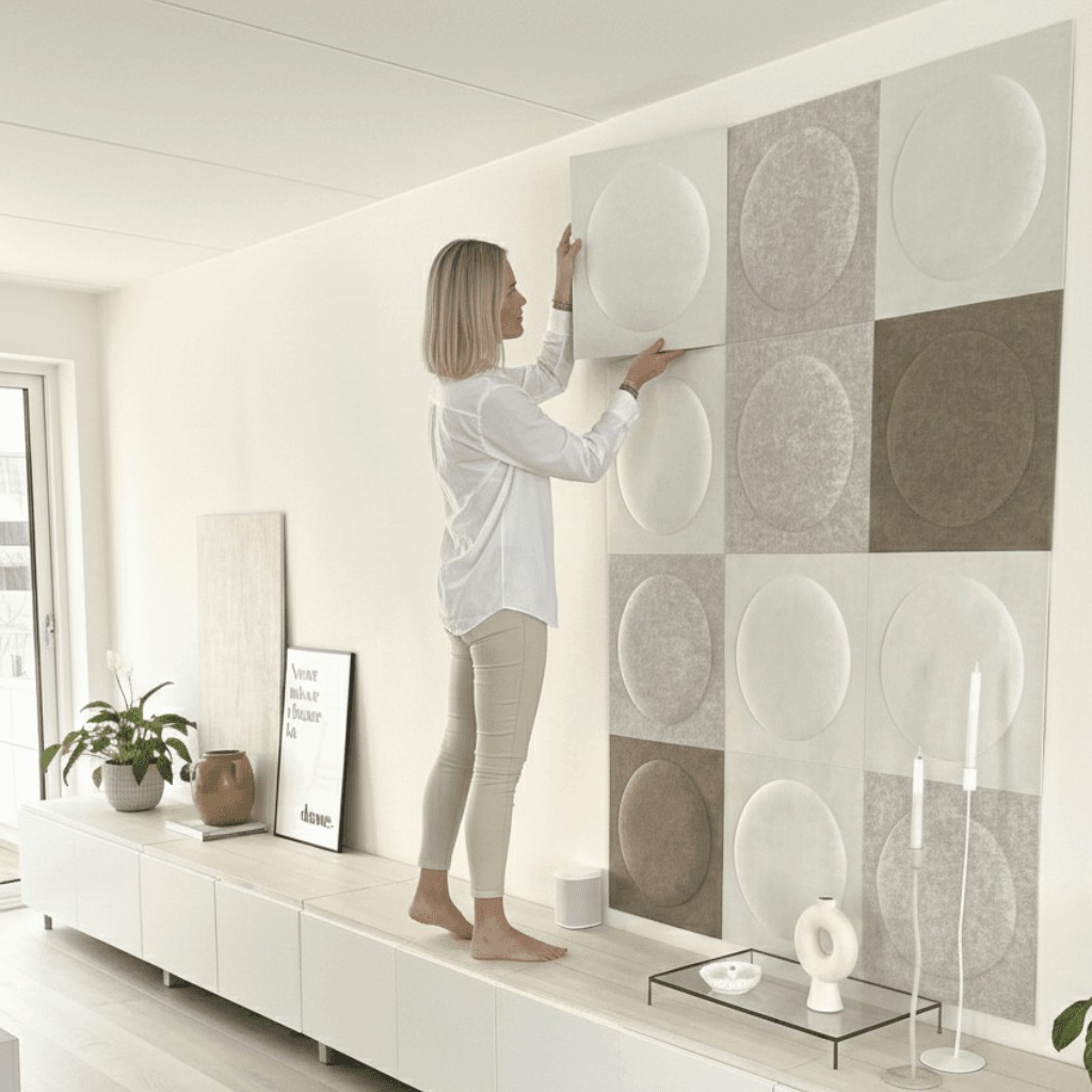 Vrouw die wandpanelen ophangst aan muur in beige woonkamer