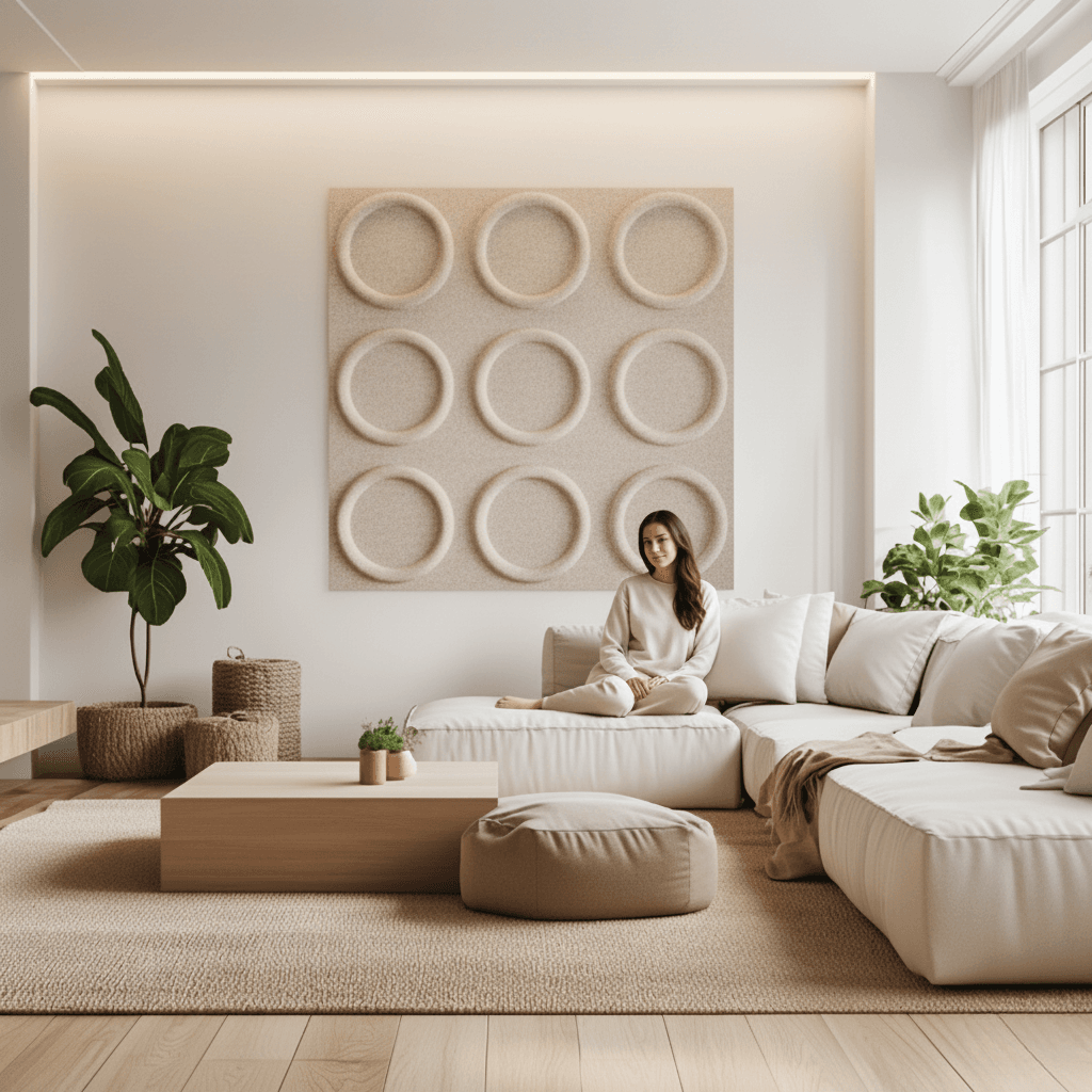 Beige wandpaneel schilderijen in neutrale woonkamer