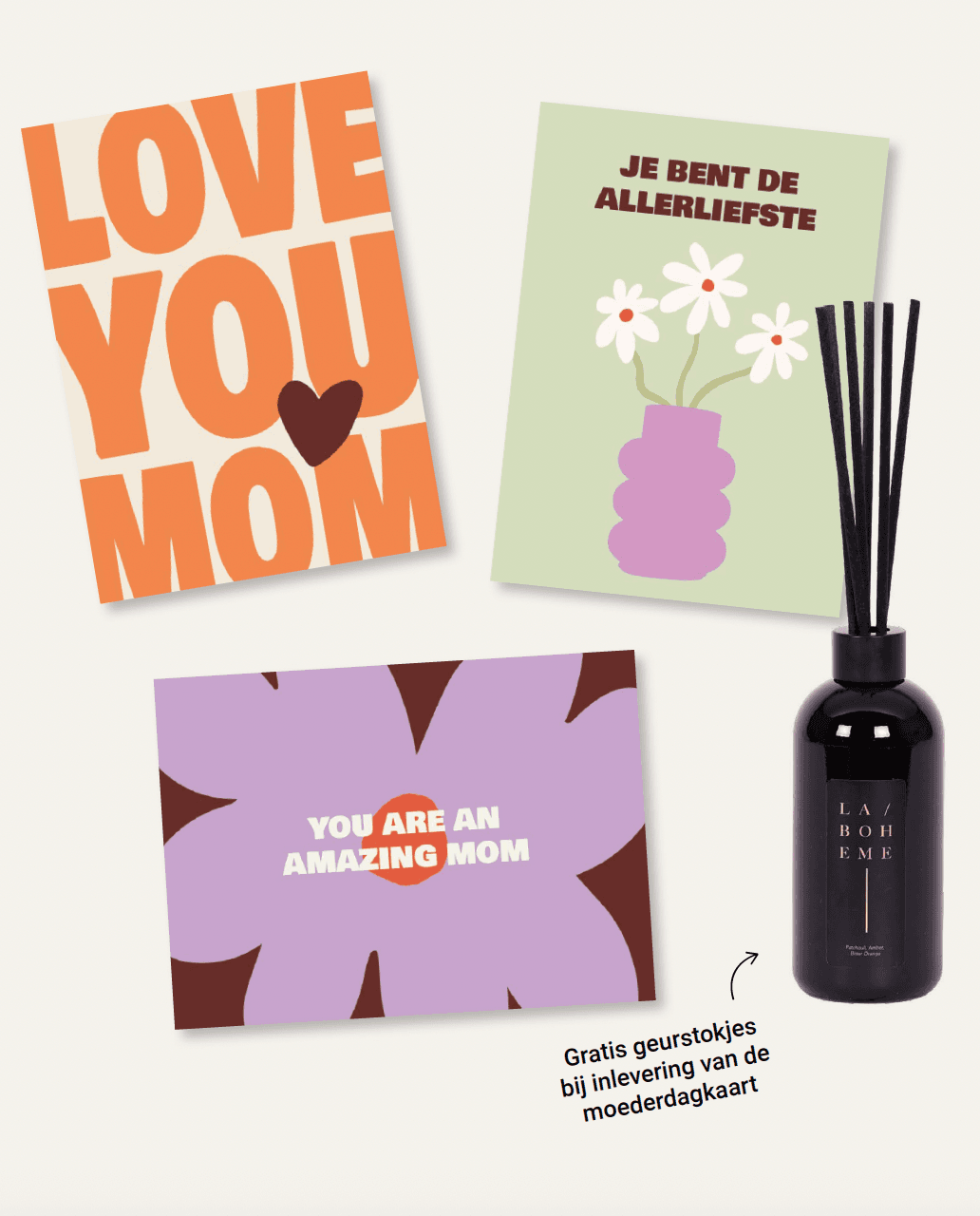 Moederdag collage met ansichtkaart en geurstokjes actie