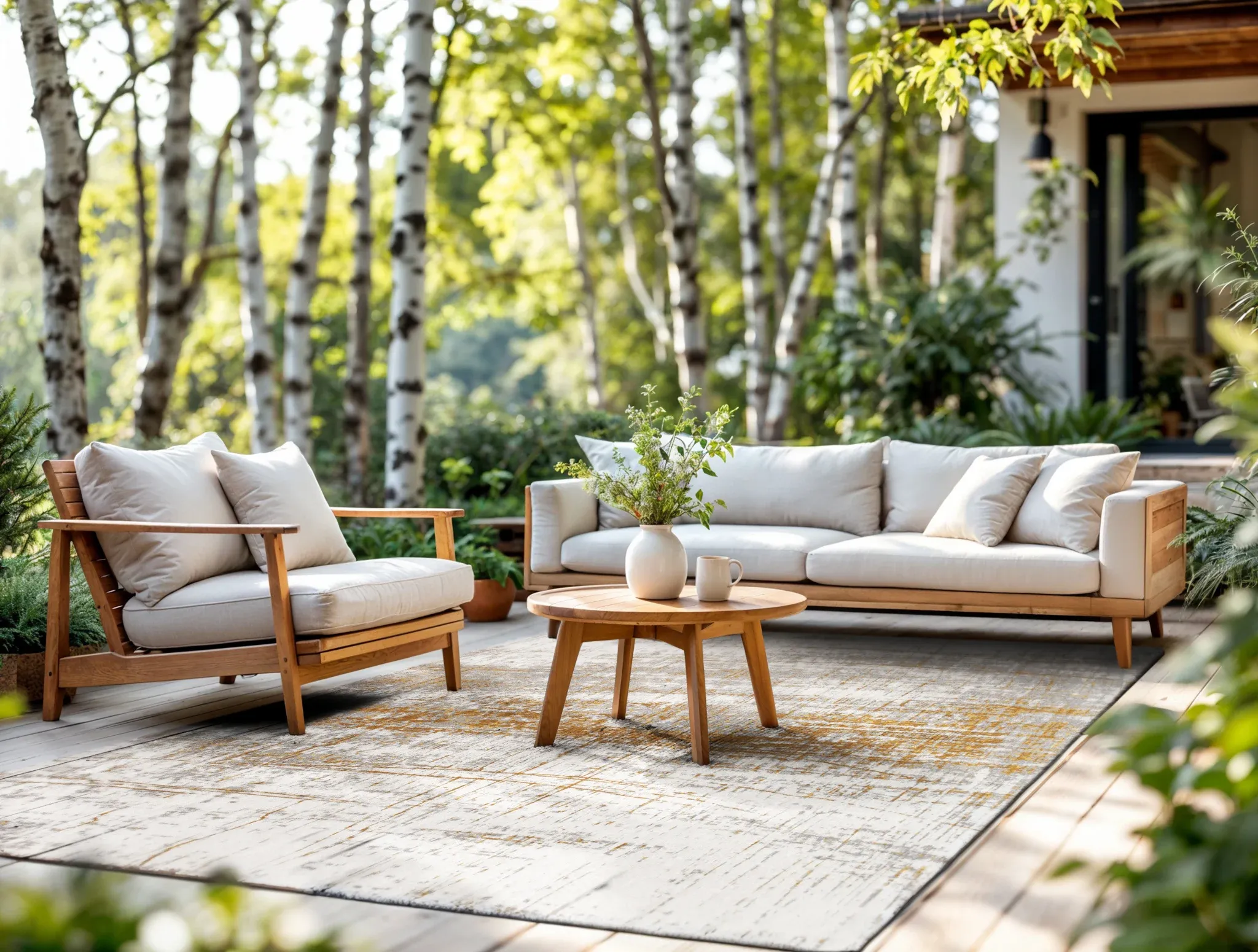 Buitenvloerkleed beige met tuinset erop