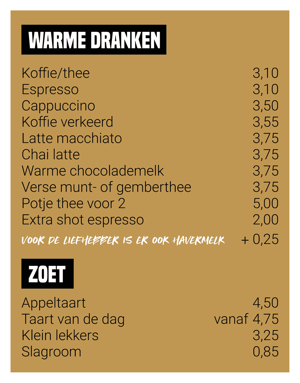 Horeca menukaart Loods 5 warme dranken