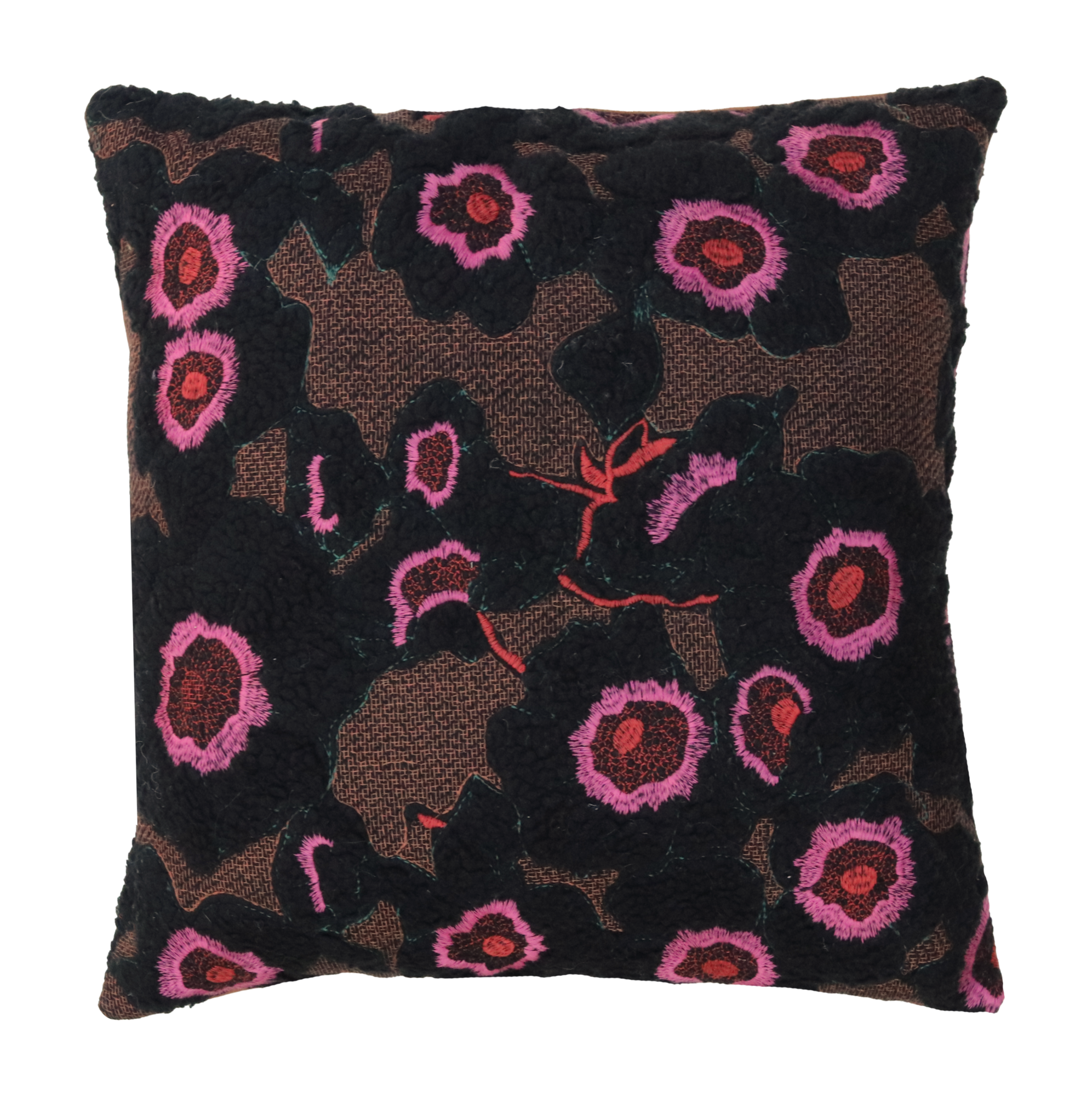 Kussen teddy bloem camel zwart roze