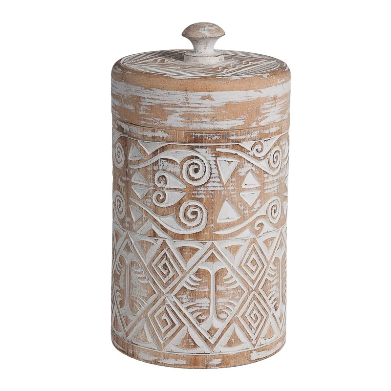 Houten pot met deksel Borneo naturel/wit