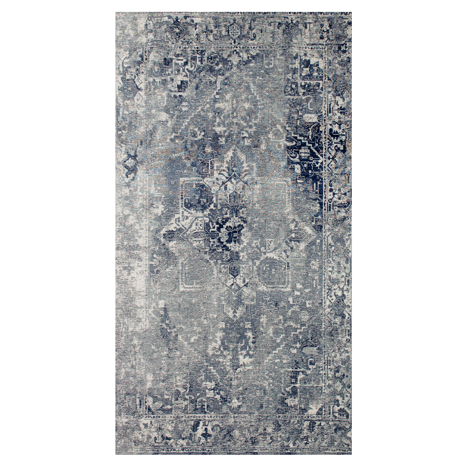 Vloerkleed Heris blauw met sierlijke motieven in het midden, vervaagde kleuren en texturen, antieke look