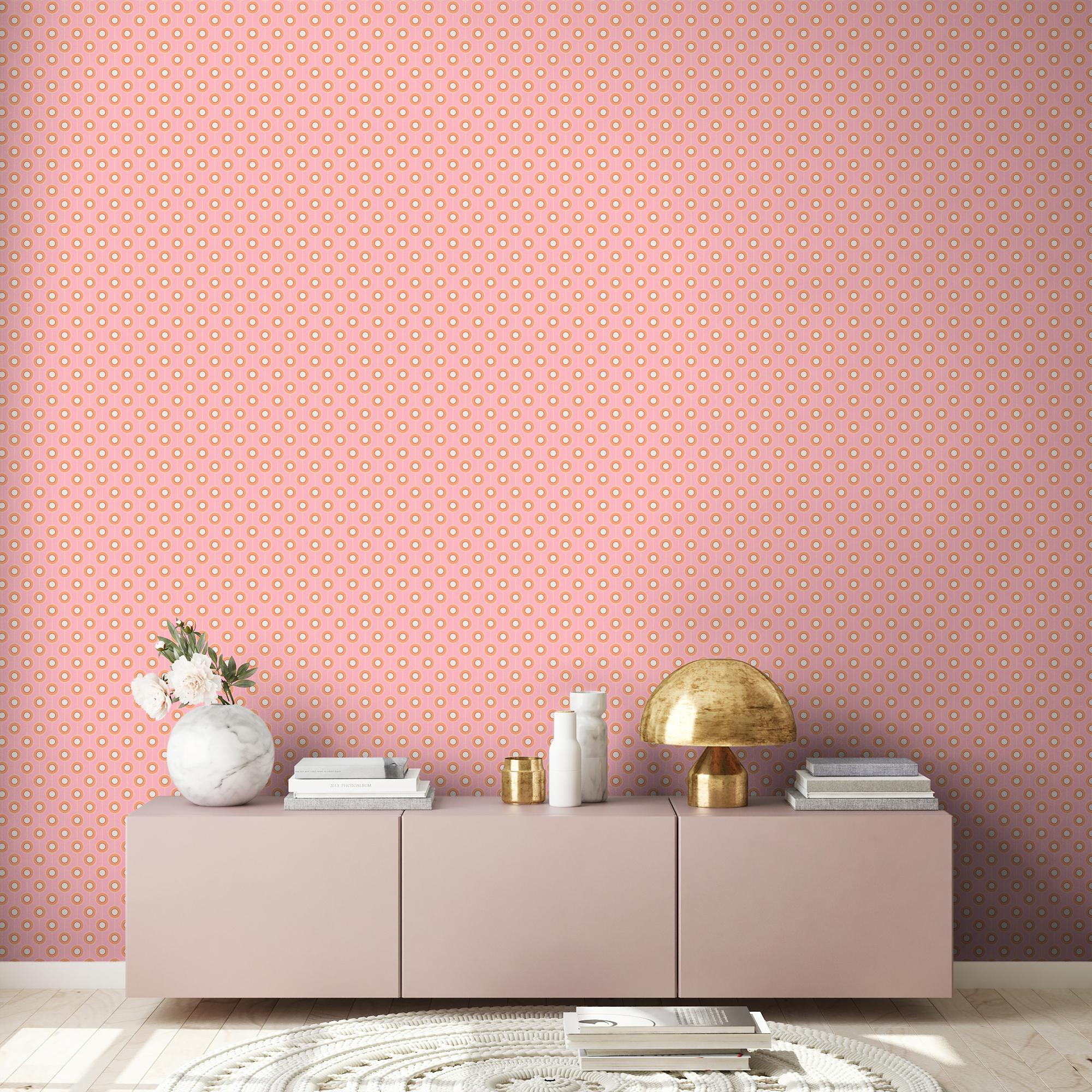 Behang licht gestructureerd met cirkelpatronen – roze, oranje, beige