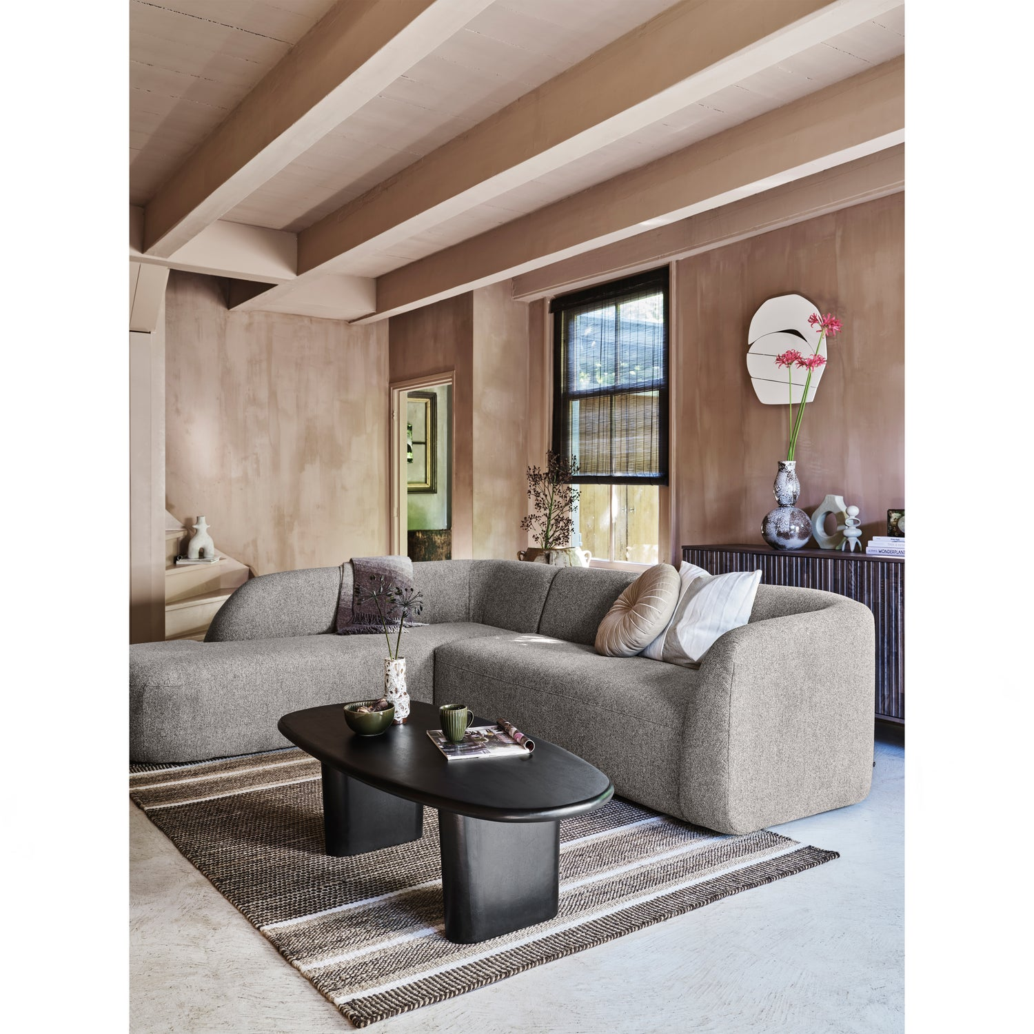 Sloping hoekbank links off white melange