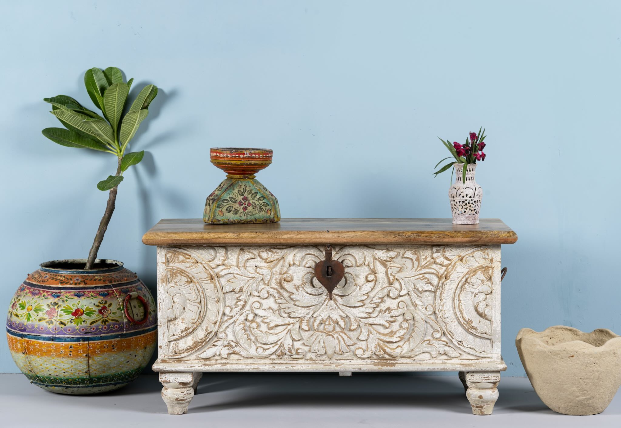 Ahil - Handgesneden Mangohouten Opbergkist Vintage