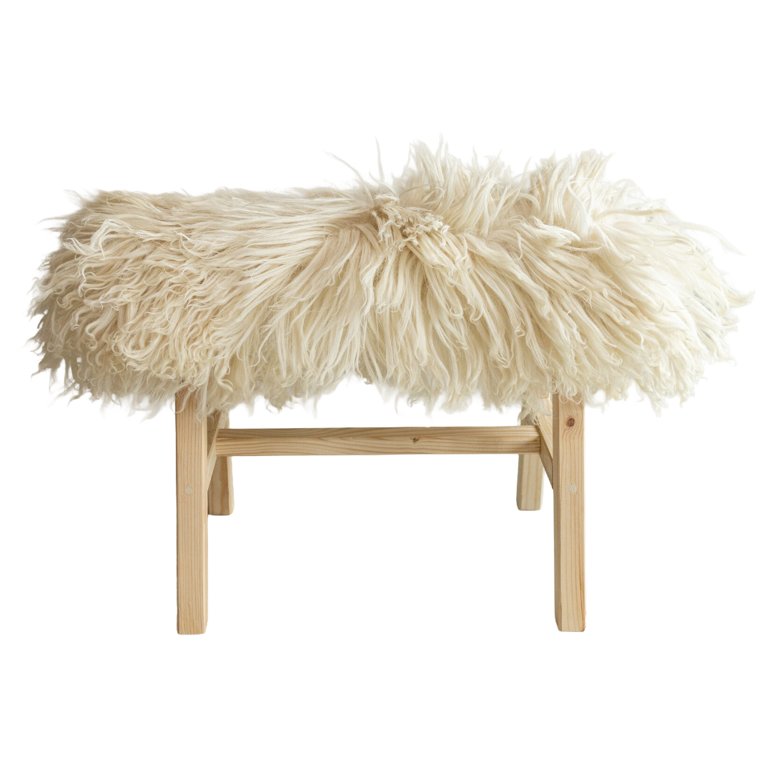 Houten bankje met schapenvacht 70 cm Krul/Bergschaap brown white