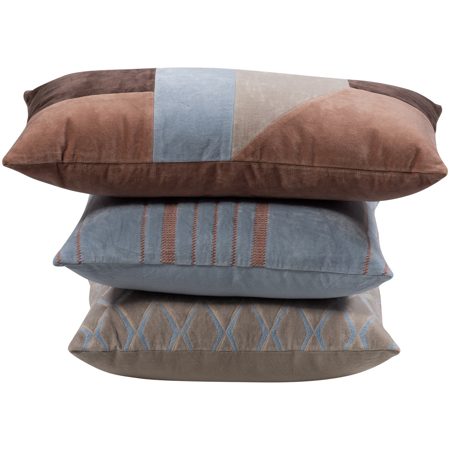 Laon kussens velvet naturel/blauw - set van 3