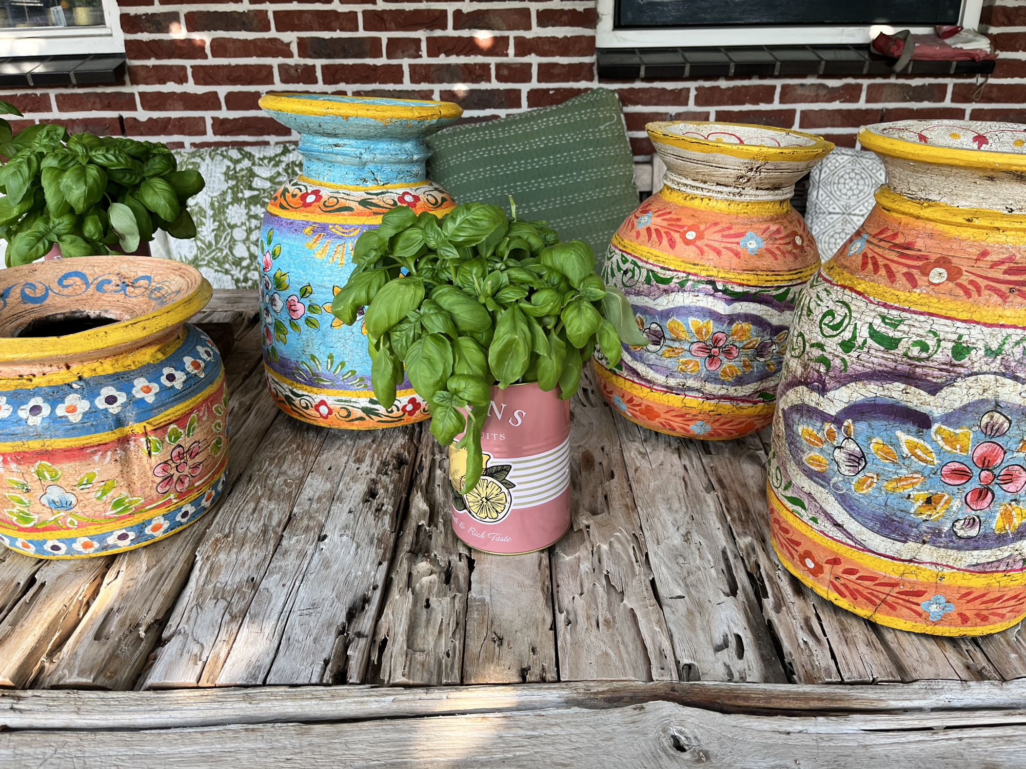 Oude houten pot Handbeschilderd L