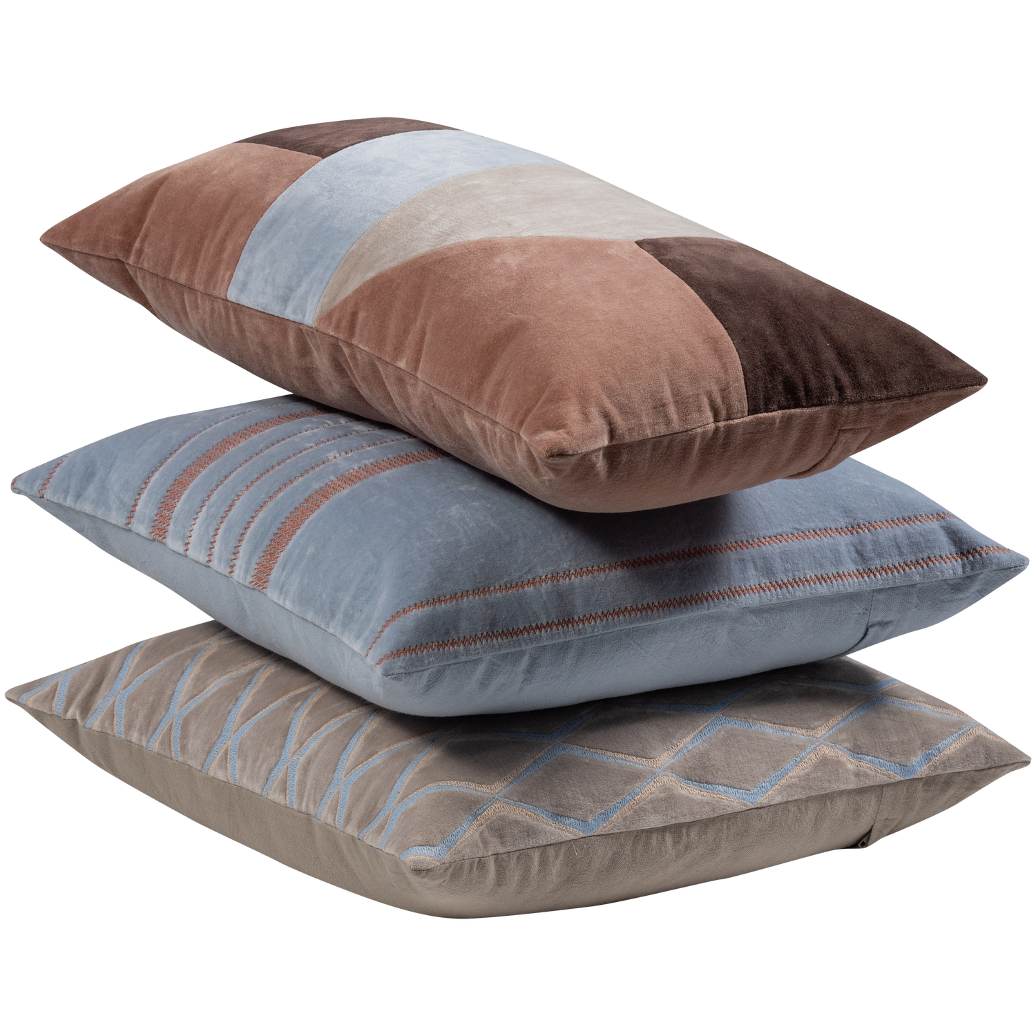 Laon kussens velvet naturel/blauw - set van 3