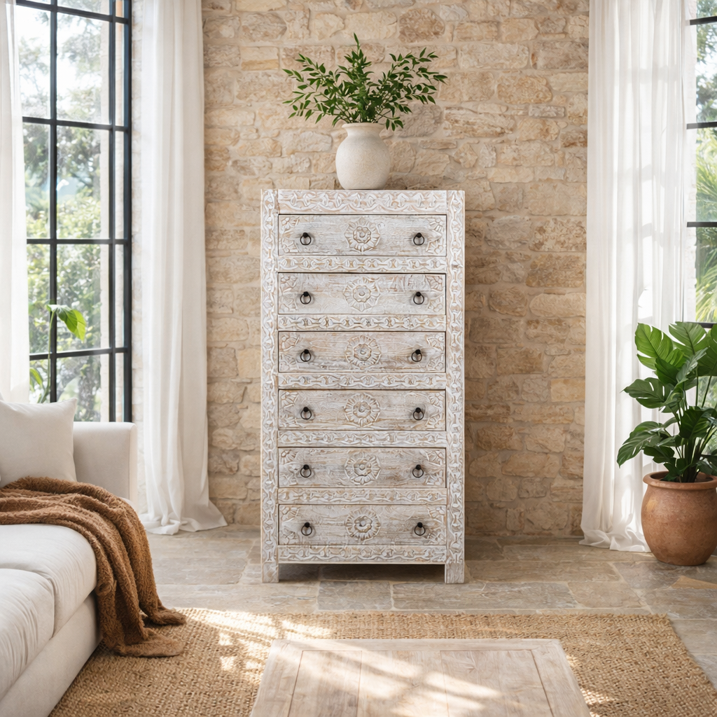 Abhi - Handgesneden Mangohouten Ladenkast Wit
