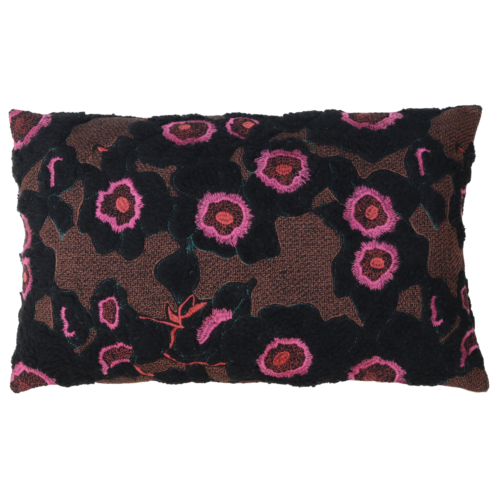 Kussen teddy bloem camel zwart roze