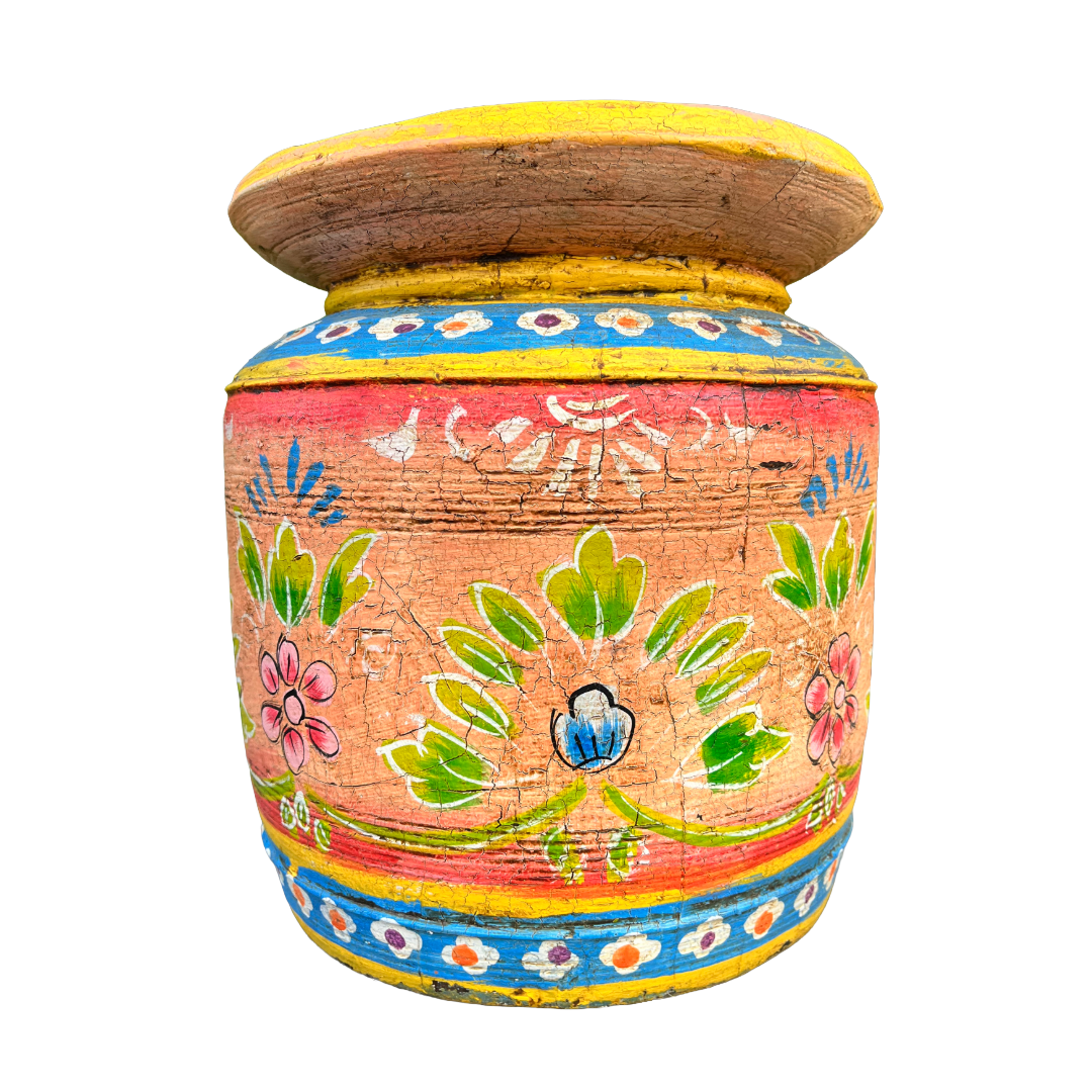 Oude houten pot Handbeschilderd L