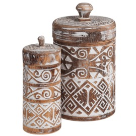 Houten pot met deksel Borneo burned/wit