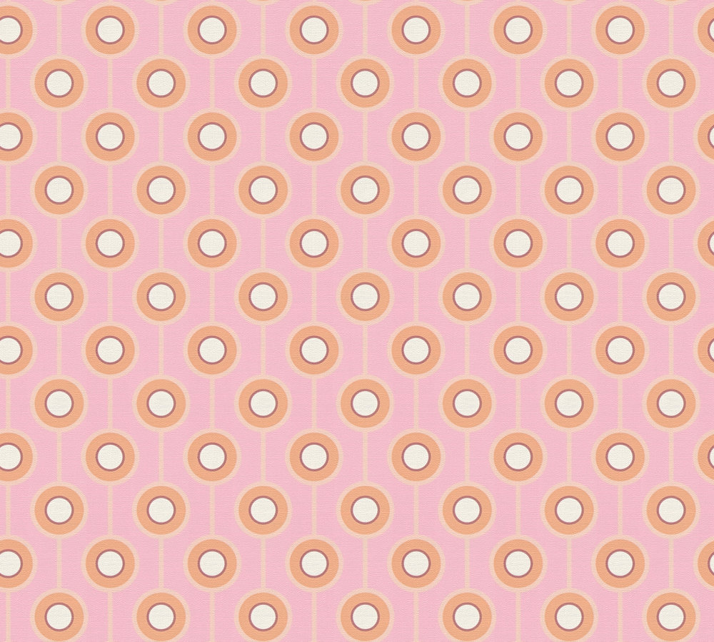 Behang licht gestructureerd met cirkelpatronen – roze, oranje, beige