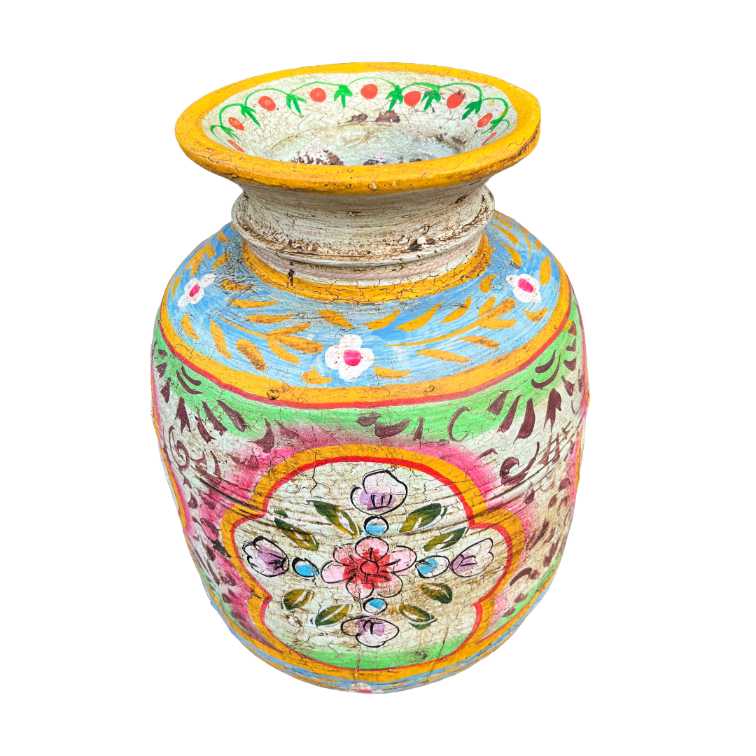 Oude houten pot Handbeschilderd L