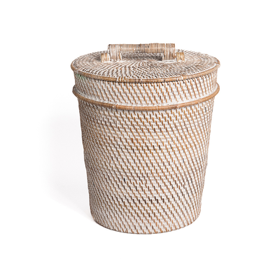 Prullenbak met deksel naturel white wash rattan