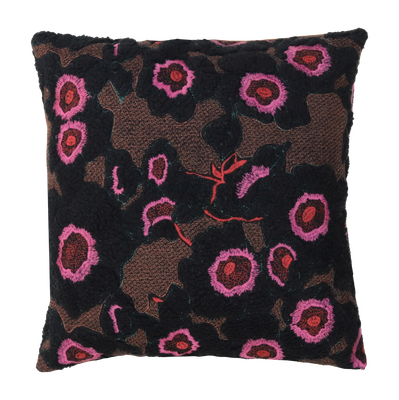 Kussen teddy bloem camel zwart roze
