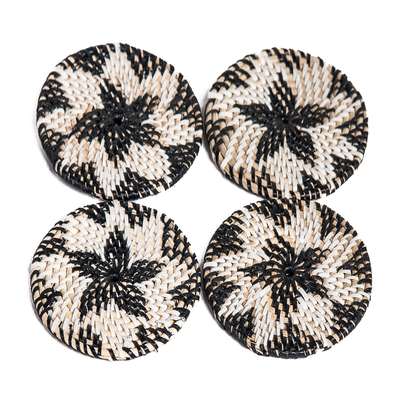 Rotan glasonderzetters zwart/naturel set 4 stuks