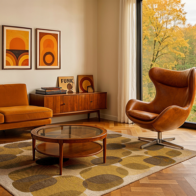 Geel tapijt met willekeurige, ronde vormen en een "Café" bonenmotief