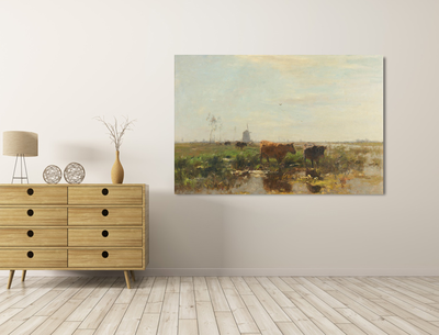 Canvas schilderij - Koeien in een weiland bij een sloot