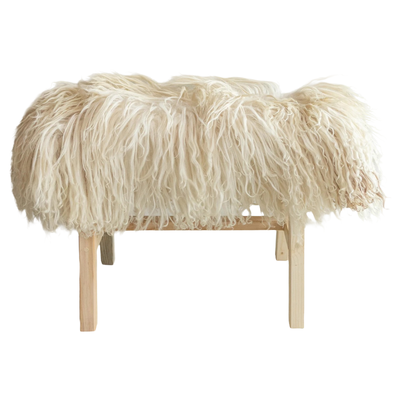 Houten bankje met schapenvacht 70 cm Krul/Bergschaap brown white