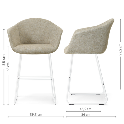 Barkruk Nino-Otis gestoffeerd wit onderstel met armleuningen (zithoogte 65 cm)