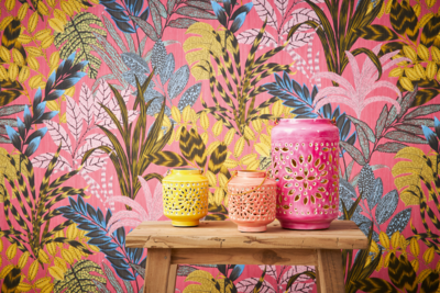 Behang Botanisch - roze, bruin, geel, blauw
