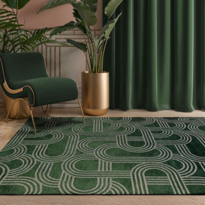 Vloerkleed Disco groen met geometrische lijnen en cirkels