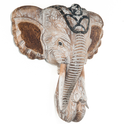 Houten handgesneden olifantenkop naturel/whitewash Large