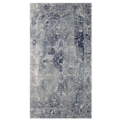 Vloerkleed Heris blauw met sierlijke motieven in het midden, vervaagde kleuren en texturen, antieke look