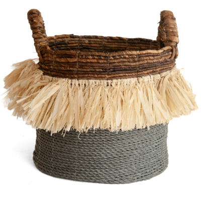 Gevlochten mand natural/grijs, zeegras en raffia