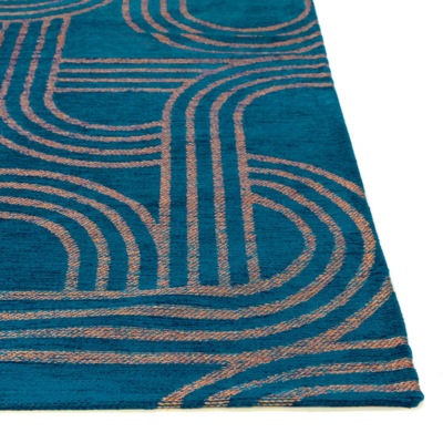 Vloerkleed Disco donkerblauw met geometrische lijnen en cirkels
