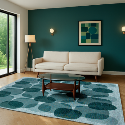 Groen en blauw tapijt met willekeurige, ronde vormen en een "Café" bonenmotief