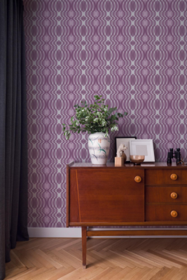 Vliesbehang met geometrische patronen in retrostijl - paars, crème, wit