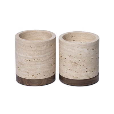 Travertine kaarshouder incl. hout plateau