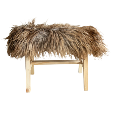 Houten bankje met schapenvacht 70 cm Krul/Bergschaap brown white
