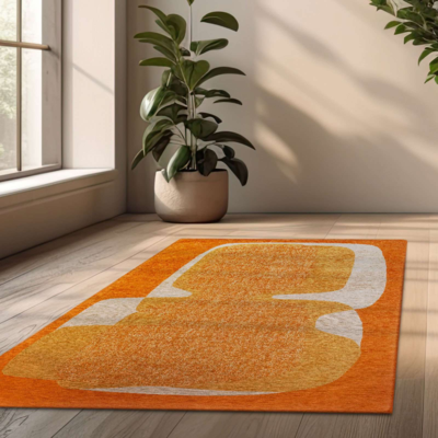 Rechthoekig oranje Poum Poum tapijt met abstract patroon en geometrische vormen