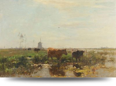 Canvas schilderij - Koeien in een weiland bij een sloot