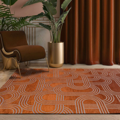 Vloerkleed Disco rood met geometrische lijnen en cirkels