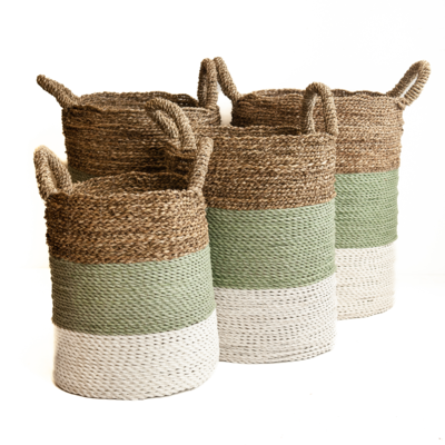 Zeegras waterhyacint gevlochten mand natural/groen-grijs/wit