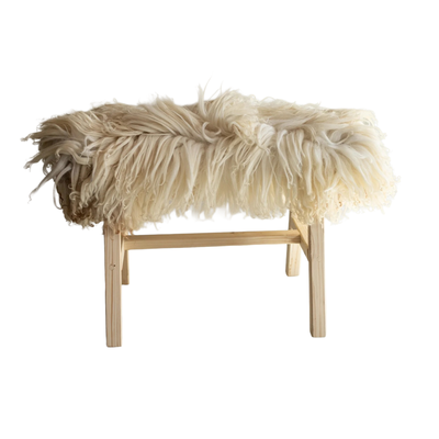 Houten bankje met schapenvacht 70 cm Krul/Bergschaap brown white